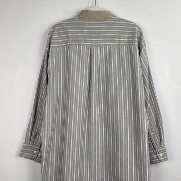 Vintage 90s Mens Striped Button Up Shirt 17 Green Tan Contrast Collar Retro Prep - Picture 14 of 16